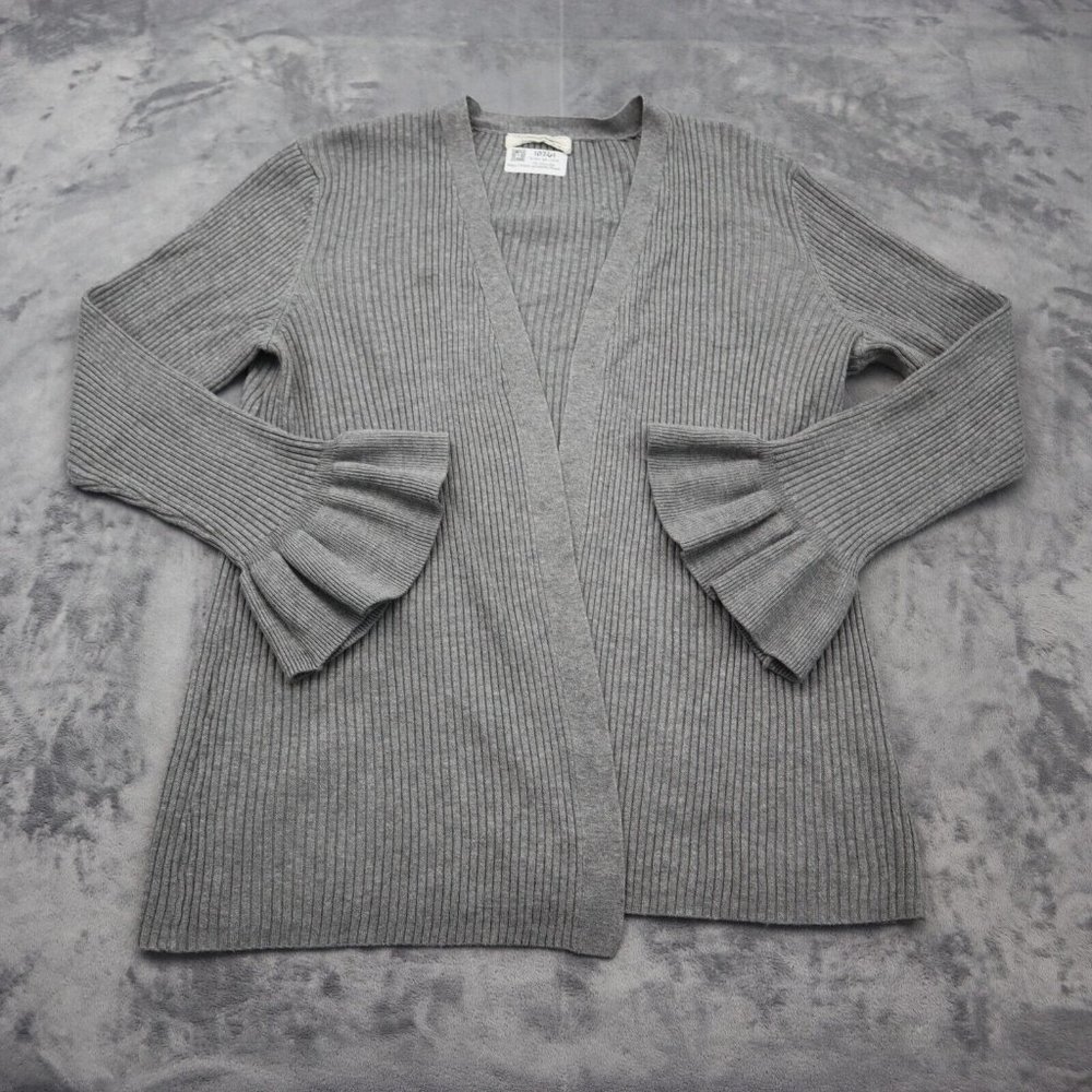 Pointelle Sweater Women 3X Gray Casual Lightweight Cardigan Ribbed Ruffle Sleeve